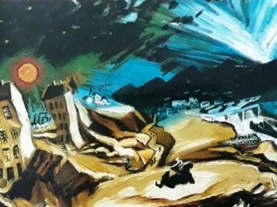 painting of a city with sun and volcano