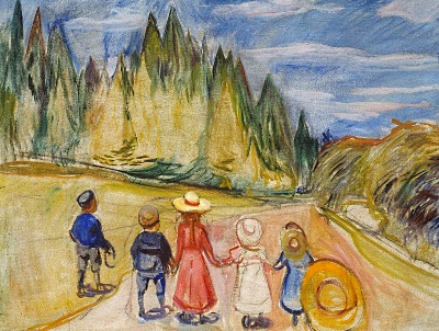 painting of children entering a forest